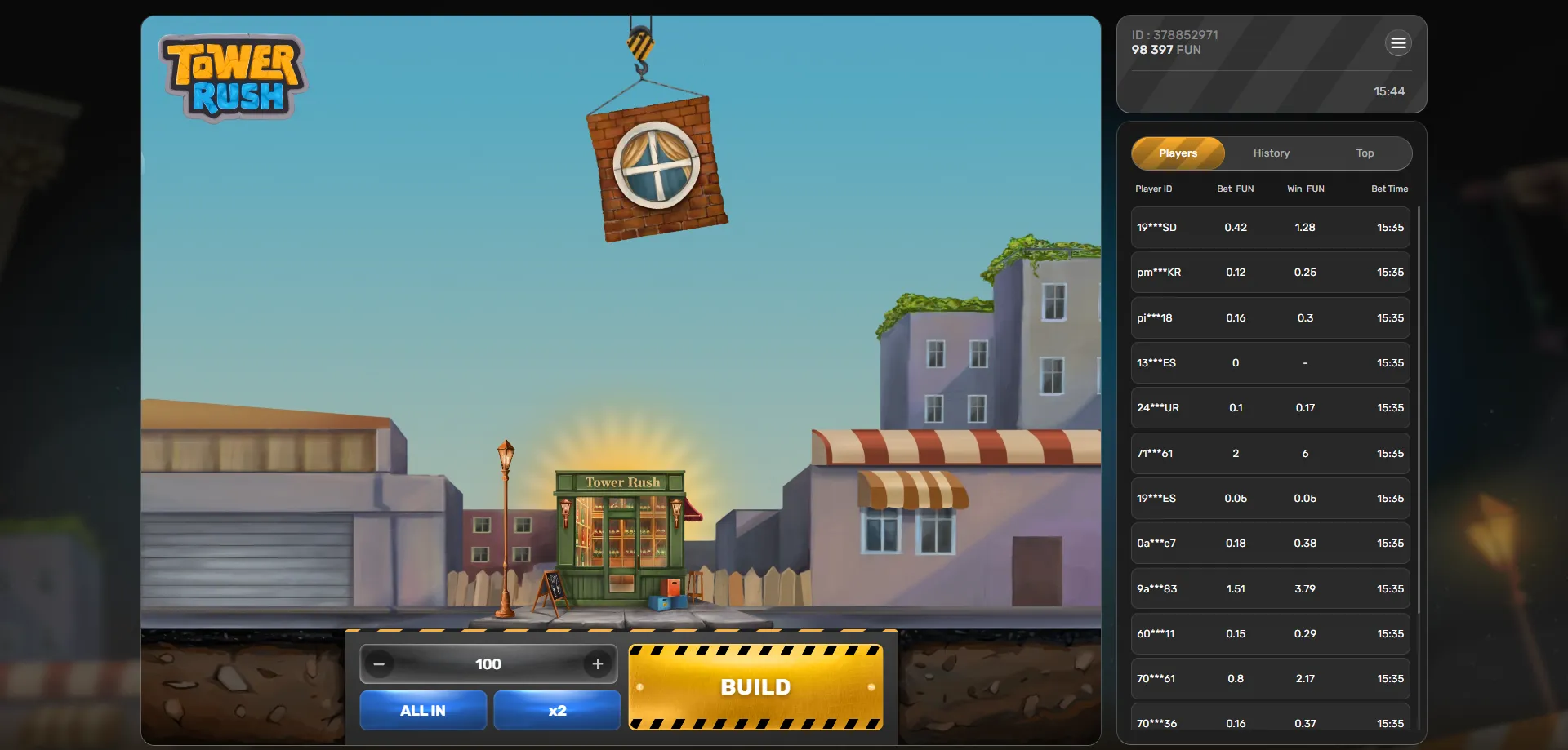 Tower Rush gameplay d&eacute;mo &mdash; empilez des &eacute;tages et multipliez vos gains